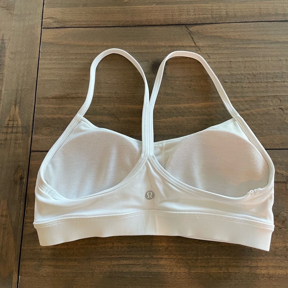 White Lululemon Flow Y Nulu Bra.